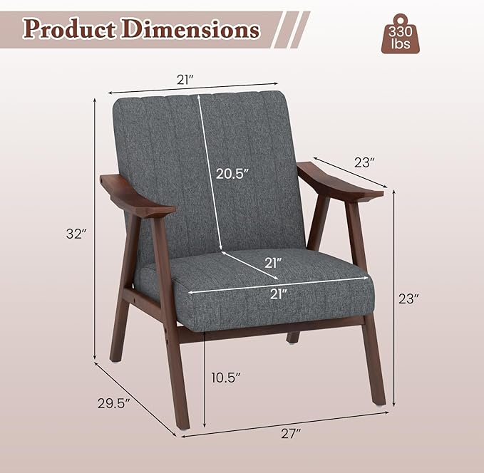 Giantex Mid-Century Modern Accent Chair Upholstered Comfy Living Room Chair with Arms Anti-Slip Felt Pads Wooden Frame Soft Padded Armchair for Living Room Bedroom Office Study Light Grey