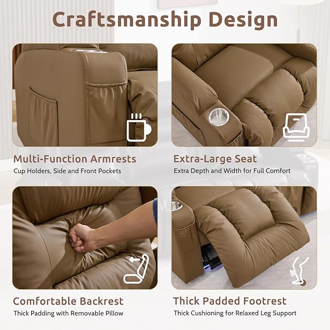 SAMERY Loveseat Recliner Sofa Power Reclining Loveseat Sofa Wall Hugger Recliners RV Couch with Flip-Backrest Solid Wood Top Ambient LED Lights USB-C Outlets Faux Leather Khaki | Extra Wide Se