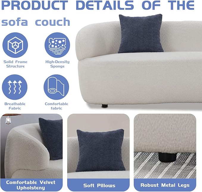 JUSTONE Mid Century Modern Curved Living Room Sofa 3-Seat Boucle Fabric Couch for Bedroom Office Apartment Beige