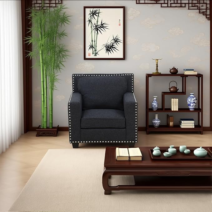 Mid Century Fabric Accent Chair with Arm Rest and Cooper Nail Modern Linen Armchair with High-Density Foam Cushion Comfy Sofa Couch for Small Place/Dorm/Cafe Living Room Couch Set(Black-LinenChair)