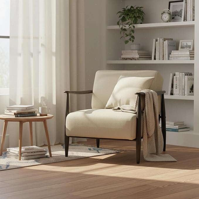Homy Casa Mid-Century Modern Accent Chair with Fabric Upholstery Solid Wood Armrests and Sturdy Metal Frame Comfy Lounge Chair for Living Room Bedroom Reading Corner or Office – Beige/Walnut