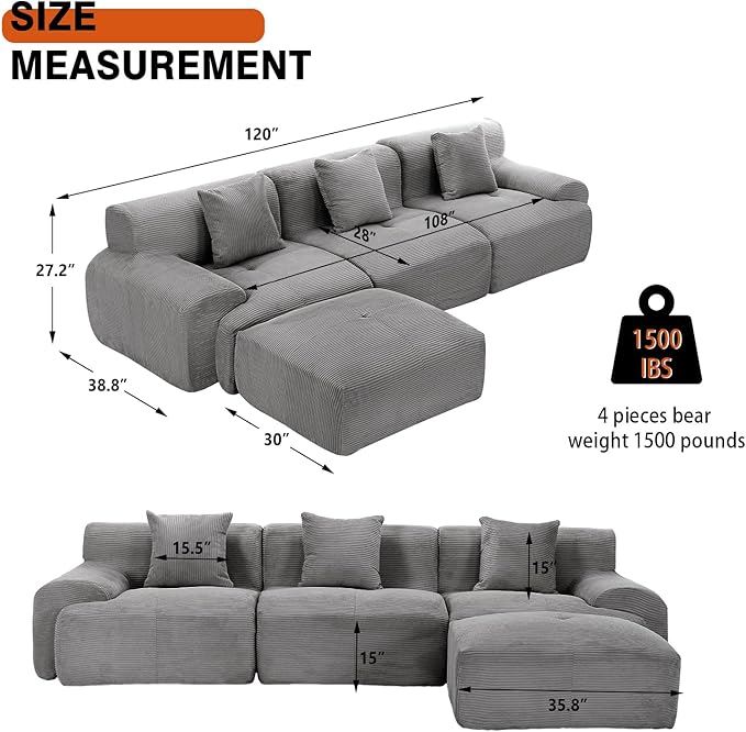 120 Modular Boneless Cloud Couch Sectional Couches for Living Room with Ottoman Modern L-Shaped Modular Sectional Sofa Bed with Deep Seat Corduroy 3-Seater Sleeper Sofas for Living Room (Grey)