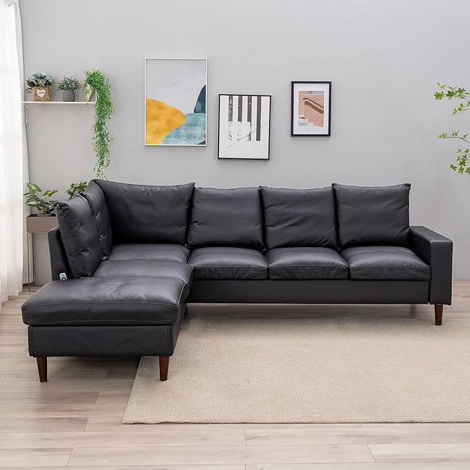 Panana 5 and 6 Seater Convertible Sectional Sofa CouchL-Shape with Universal Corner and Bulit-in USB Charging Port Chaise (Black Leather Look Fabric 6 Seater Corner with Built-in USB Port Chaise)