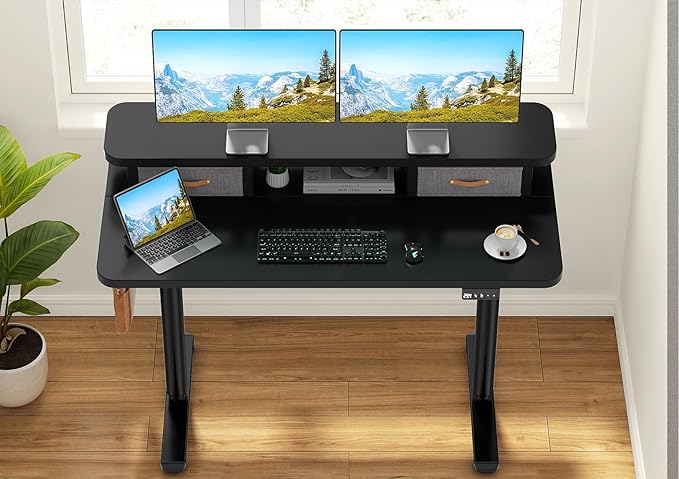 Flycity Electric Standing Desk with Dual Drawers 48 x 24 Height Adjustable Desk Sit Stand Desk with Memory Controller Casters &amp 2 Hooks Low Noise Home Office Desk Black