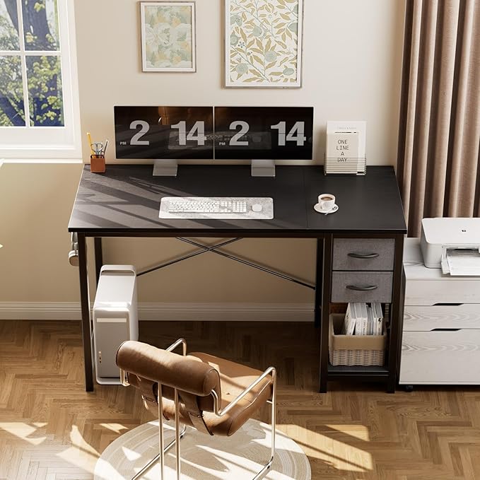 Sweetcrispy 40 Inches Computer Desk with Drawers Home Office Writing Desk with X-Shaped Reinforcement Modern Study Work Table with Side Hook Sturdy Metal Frame Black