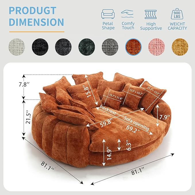 81 Oversized Round Sofa Bed Large Chenille Bean Bag Chair No Assembly Required Cloud Couch Fluffy Plush Chaise Lounge Chair Indoor Modern Sleeper Sofa with Deep Seat for Living Room (Orange)