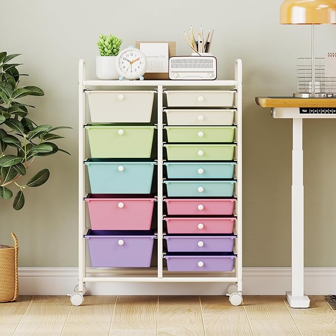 Giantex 15 Drawer Rolling Cart with Drawers Storage Organizer Cart for Classroom Office School Teacher Mobile Drawer Cart for Tools Crafts Small Printer Paper Pastel Ice Cream
