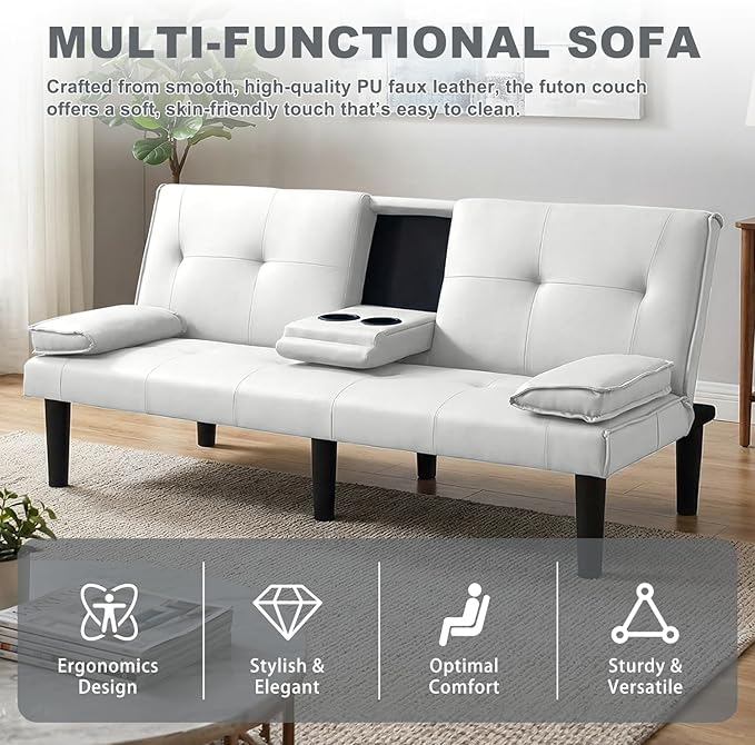 Futon Sofa Bed PU Leather Modern Convertible Futon Couch with Removable Armrests Cup Holders Loveseat Sleeper Sofa Bed for Living Room Apartment Small Spaces (White)