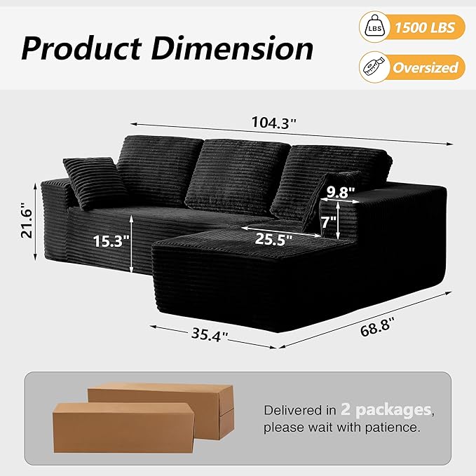 104 L-Shaped Cloud Sectional Sofa with Oversized Chaise Modular 3-Seater Corduroy Couch for Living Room &amp Bedroom Deep Seat No Assembly Required (Black L Shape with Right FacingChaise)