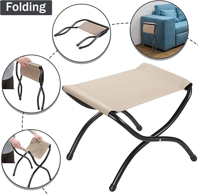 15 Foldable Foot Stool Ottoman with Metal Frame - Washable Faux Fur Navy Upholstered Indoor/Outdoor Footrest for Living Room Bedroom Patio - Space-Saving Compact Design