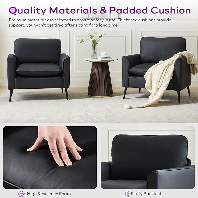 TYBOATLE Accent Chairs Set of 2 Black Leather Accent Chair Comfy Living Room Chair Cozy Reading Sitting Chair Mid Century Modern Accent Chairs Arm Reception Chairs Office Furniture