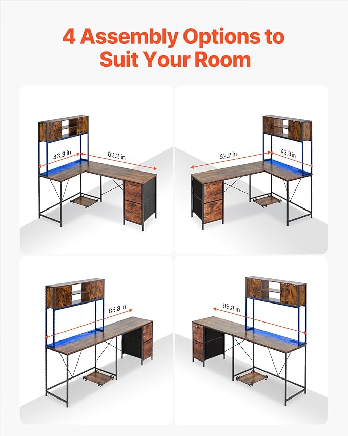 VEVOR L-Shaped Gaming Desk with LED Lights 62.2-inch Reversible Corner Computer Desk with Power Outlets Movable CPU Stand &amp Storage Drawers Modern Stylish PC Gaming Table for Home Office