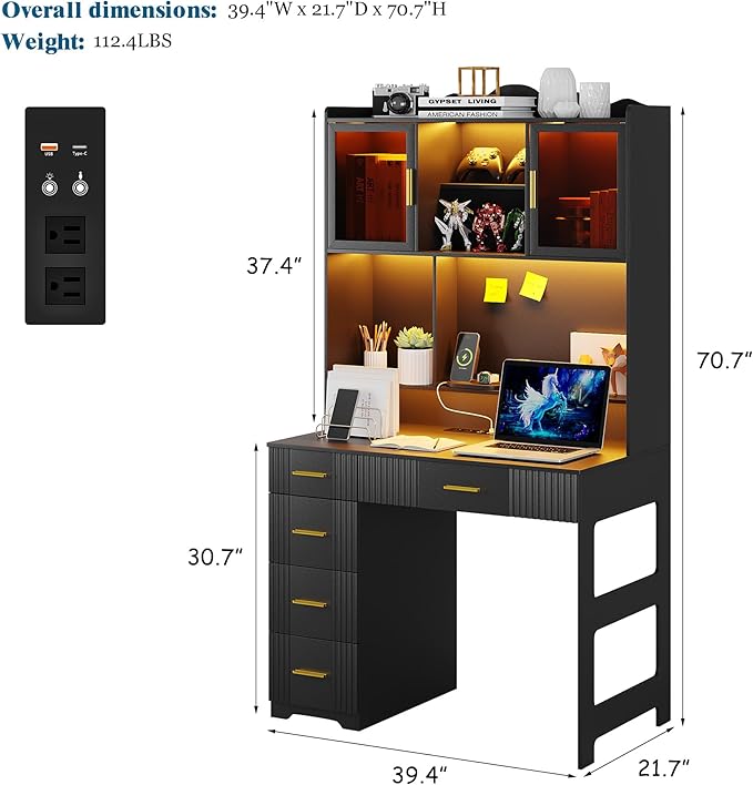 LED Study Desk with Hutch and Drawer Home Office Desk with Outlet Computer Desk with Charging Station Writing Desk for Bedroom Workstation for Small Space (Black)