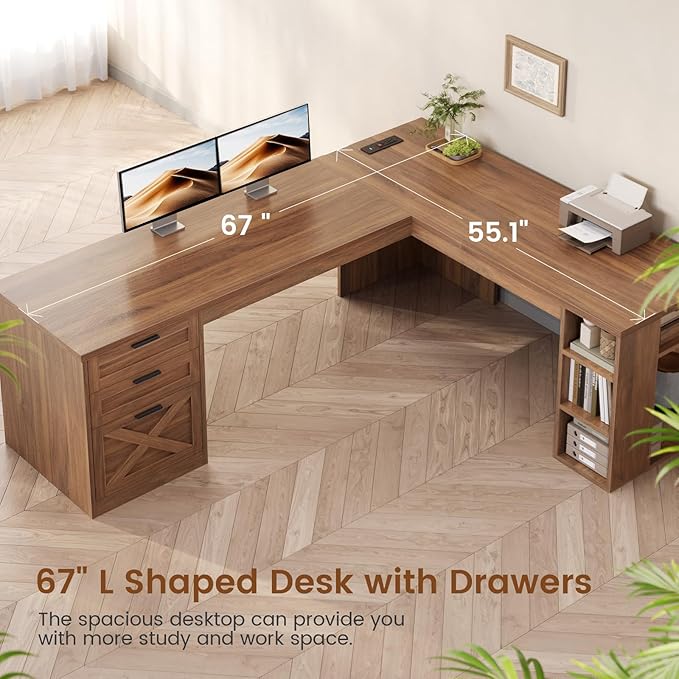 SEDETA 67 Farmhouse L Shaped Desk with 3 Drawers Executive Home Office Desks with Storage Shelves Corner Computer Desk with Power Outlets for Home Office Brown
