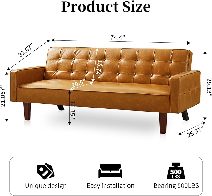 Faux Leather Couch Mid Century Modern Sofa with Memory Foam Comfy 3 Seater Couch for Small Spaces Living Room Office Brown