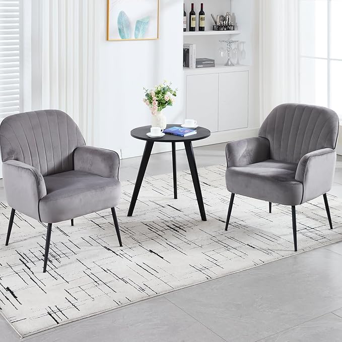 Velvet Accent Chair Upholstered Modern Leisure Single Sofa Side Chair Comfy Tufted Back Armchair with Metal Legs for Living Room/Bedroom/Office/Reading Room Grey