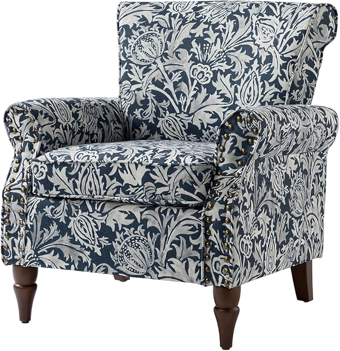 Wingback Accent Chair with Wood Legs Modern Comfy Upholstered Armchair with Removable Cushion and Nailhead Trim Floral Pattern Single Sofa Reading Chair for Living Room Bedroom