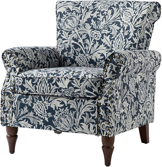 Wingback Accent Chair with Wood Legs Modern Comfy Upholstered Armchair with Removable Cushion and Nailhead Trim Floral Pattern Single Sofa Reading Chair for Living Room Bedroom