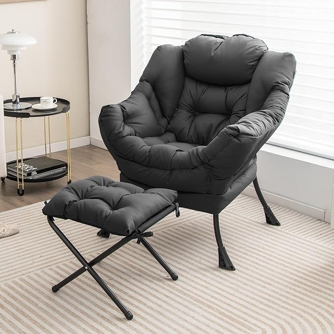 GOFLAME Lazy Chair with Ottoman Modern Large Accent Chair with Folding Footrest Head Pillow Armrests and Side Storage Pocket Upholstered Reading Chair for Living Room Bedroom Office Grey