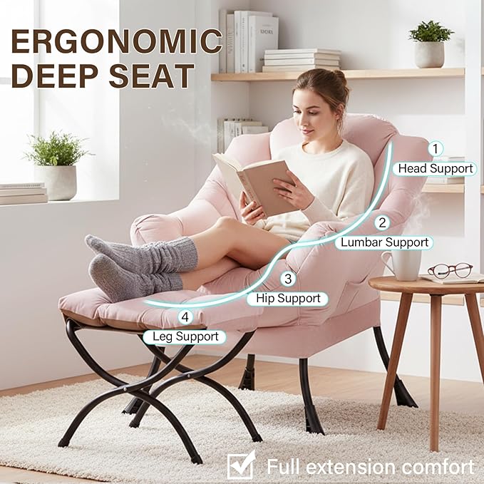 Welnow Lazy Chair with Ottoman Modern Accent Chair with Armrests and a Side Pocket Leisure Sofa Armchair Reading Armchair with Footrest for Small Space Pink