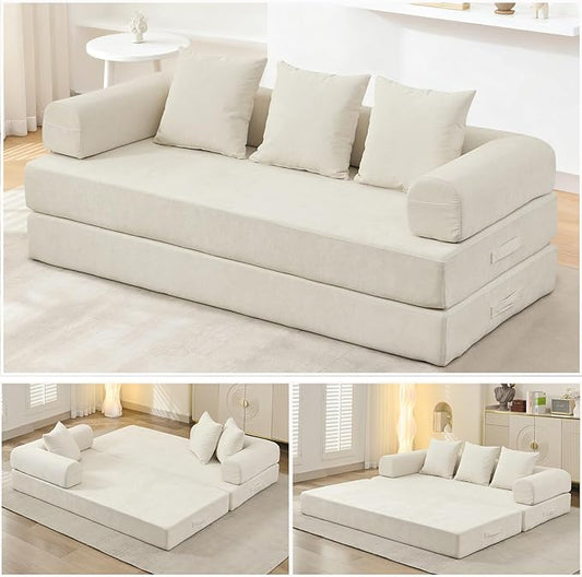79 Inch 4-in-1 Convertible Sofa Bed Boneless Couches Chenille Folding Sleeper with Pull Out Bed Floor Futon Modular Lounge Loveseat Compressed Sofa No Assembly Required for Living Room (Beige)