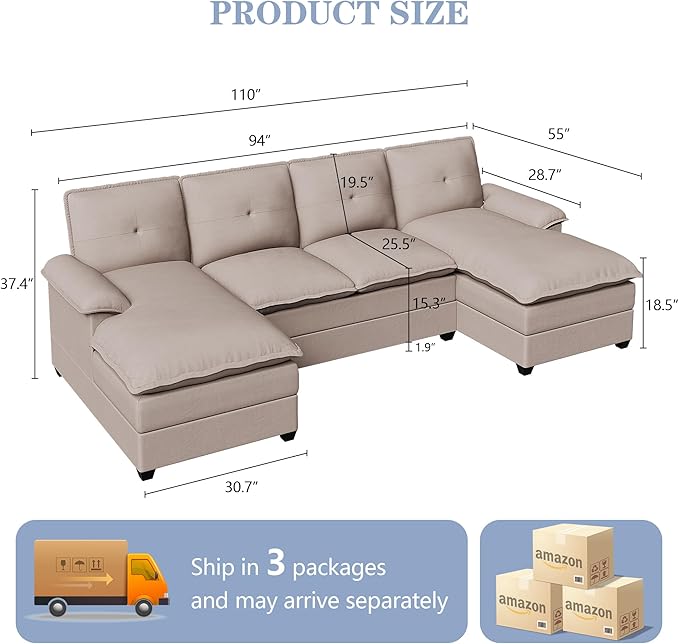 110 Sectional Couches for Living Room4 Seat U Shape Modular Couch with Thick Cushion &amp Soft BackrestUpholstered Sofa Couch with Double ChaiseBeige
