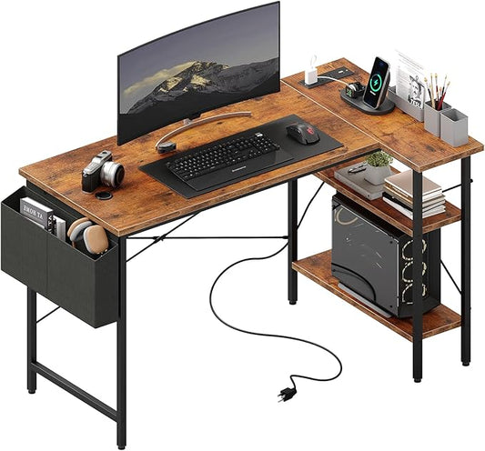 DUMOS 39 Corner Gaming Desk L Shaped Computer Desk with 3AC+2USB+1Type-C Power Strip Storage Shelves &amp Side Hanging Fabric Organizer Rustic Brown Gaming Workstation for Home Office and Bedroom