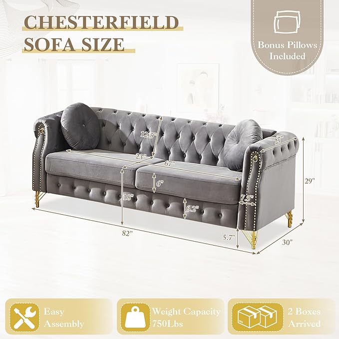 82 Comfy Chesterfield Sofa with Rolled Arms &amp Pillows 3 Seater Retro Velvet Couch Mid Century Modern Love Seat with Gold Trim and Legs Soft Deep Seat Tufted Couches for Living Room (Grey)