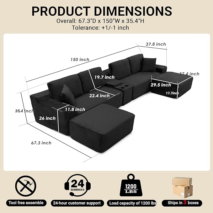 150 Oversized U-Shaped Sectional Sofa Deep Seat Boneless Cloud Corduroy Couch with Cup Holders USB Ports Wireless Charging &amp Storage Box Upholstered Modular Sleeper Sofa for Living Room Blac