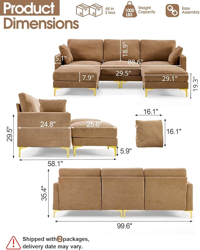 Karl home 99.6 Sectional Sofa U-Shaped Chenille Upholstered Couch with 2 Movable Ottomans 3-Seater Cloud Couches Comfy Deep Seat Sofa for Living Room Apartment Office Khaki