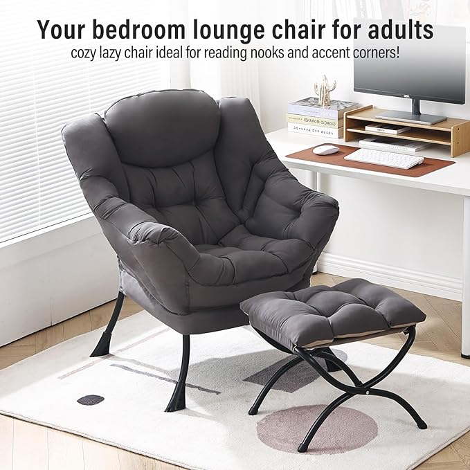 Lazy Chair with Ottoman Modern Chair with Folding Footrest Dark Grey Accent Chair Comfortable Reading Chair Oversized Armchairs for Bedroom Study Living Room Courtyard