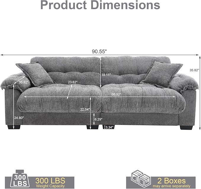 90.5 Modular Cloud Sofa 2 Seater Couch Oversized Loveseat with Armrest Pillow Comfy Tufted Couch Deep Seat Love Seats for Living Room Apartment Small Space- Grey