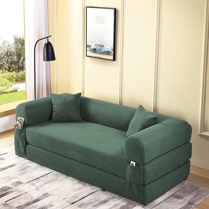 4-in-1 Folding Convertible Sofa Bed 80 Inch Oversized Corduroy Boneless Couch Loveseat Sleeper with Pull Out Bed Floor Sofa Modular Futon Teddy Sofa for Living Room Bedroom Lounge Light Green