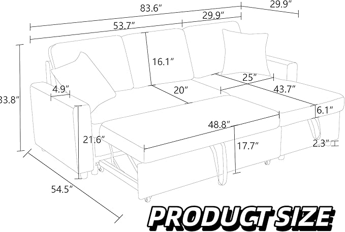 Sleeper Sofa Couch 2 in 1 Pull Out Couch Bed with Storage Chaise Small L Shaped Sectional Sleeper Sofas Bed Convertible Pullout Sofa for Living Room Blue