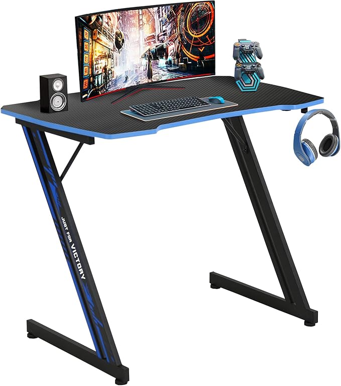 HKLGorg Gaming Desk Computer Desk Z Shaped Gaming Table Writing Modern Ergonomic Racing Style Home Office Table Workstation Carbon Fiber Headphone Hook for Men Boyfriend Female Gift (Blue 39)