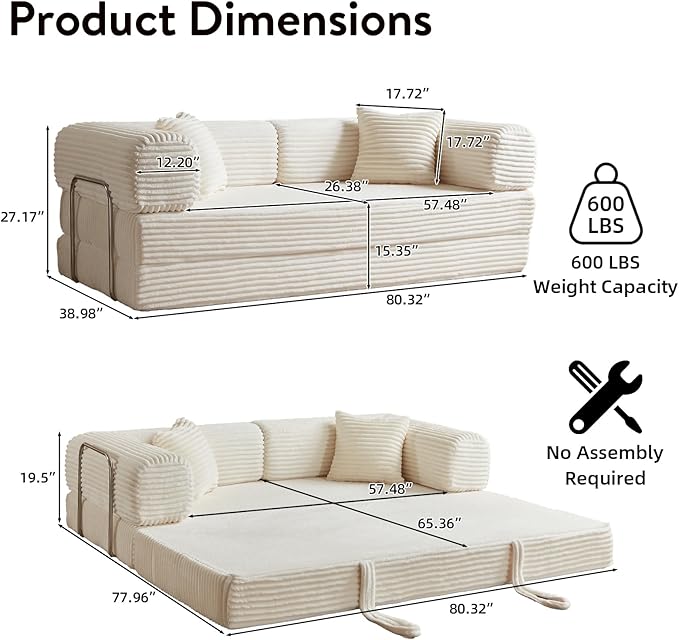 4-in-1 Convertible Folding Sleeper Sofa Bed Plush Corduroy Foldable Mattress Couch with Fixed-Shape Frame Floor Compressed Sofa for Living Room Bedroom (White)
