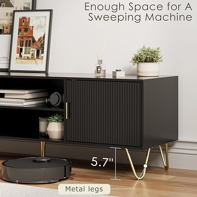 TV Stand for 55-65 inch TV Entertainment Center with Soft Hinge DoorTV Console Table with 2 Cabinets with Gold Handle and Feetfor Living Room Bedroom Black