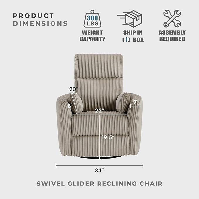 Lexicon Modern Swivel Glider Recliner Chair Nursery Glider Corduroy Fabric Upholstery Recliner with 2 Lumbar Pillows Manual Reclining Sofa Chair for Living Room/Office/Apartment Taupe