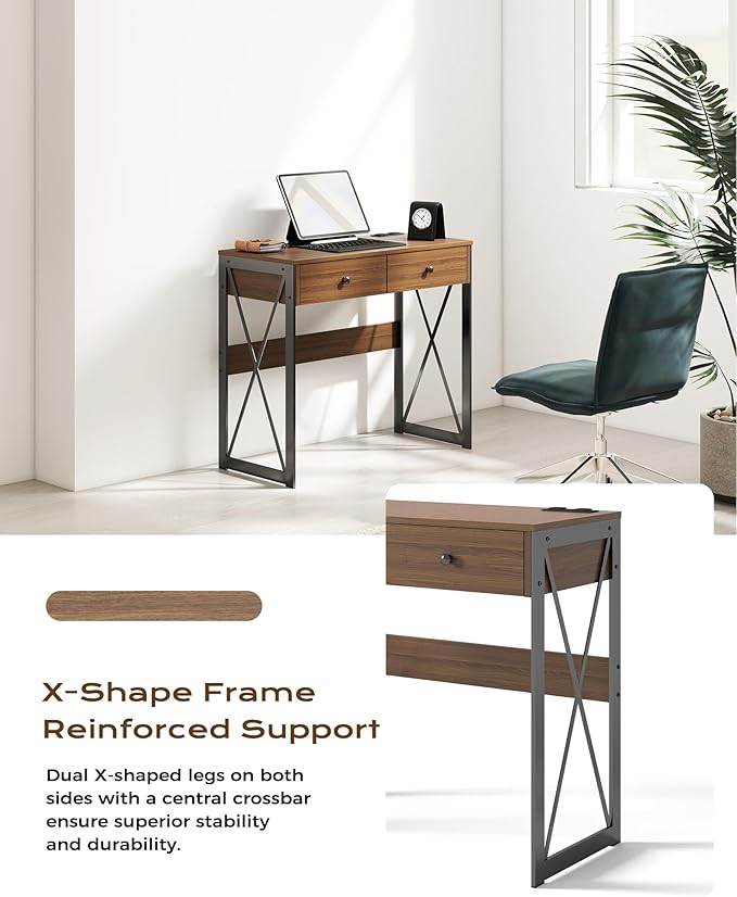 Manora Computer Desk with Power Outlet and USB Ports 31.5” Writing Desk with 2 Drawers Small Home Office Desk with Metal Frame for Bedroom Study or Dorm (Rustic Brown)
