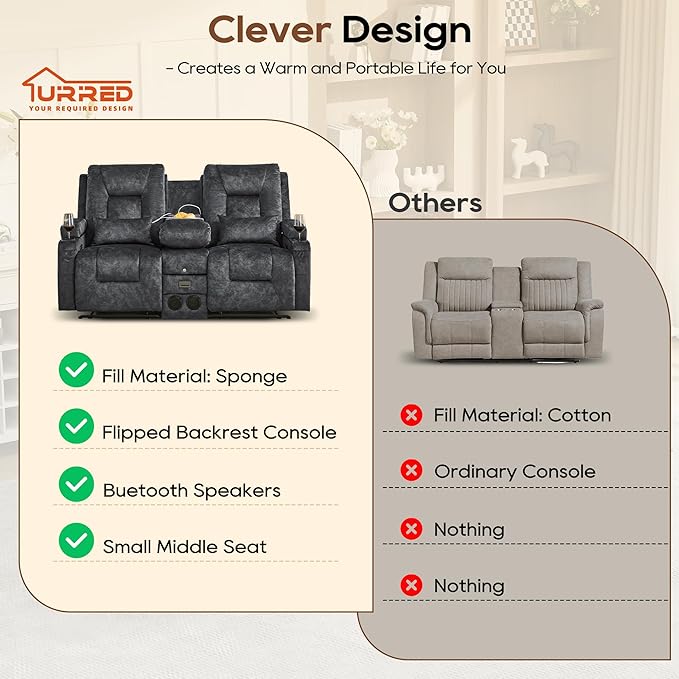 URRED Manual Reclining Loveseat Sofa with Console Double Recliner RV Couch with Bluetooth Speakers USB &amp Power Outlet Cup Holders Pillow and Side Pocket for Home Theater Velvet Grey