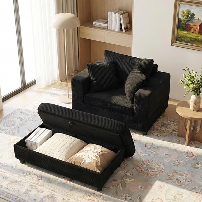 Chaise Lounge Chair IndoorOversized Corduroy Upholstered Sofa Bed with Removable Storage Ottoman Small Cloud Sofas for Living Room Comfy Deep Seat Sleeper Couch Reading Chairs - (Black)