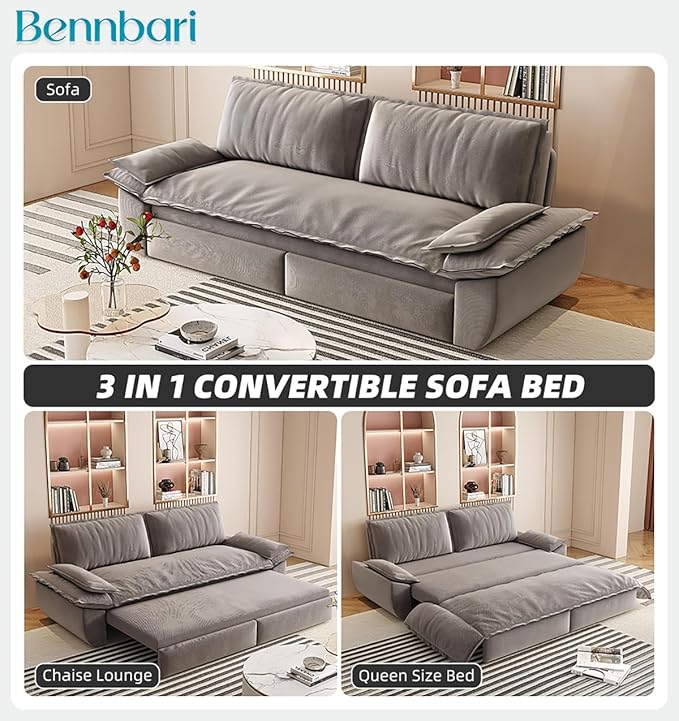 73.2 Queen Size Pull Out Sofa Bed 3-in-1 Velvet Convertible Sleeper Loveseat for Living Room Apartment Bedroom &amp Small Spaces (Grey)