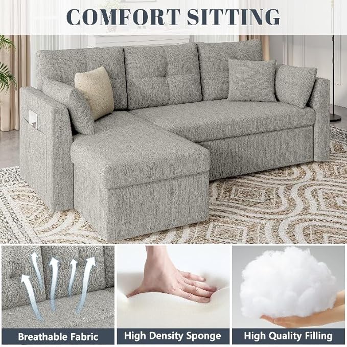 Sleeper Sofa Couch 2 in 1 Sectional Sleeper Couch Bed with Side Pocket Pullout Sofa Bed with Storage Chaise for Living Room Light Grey