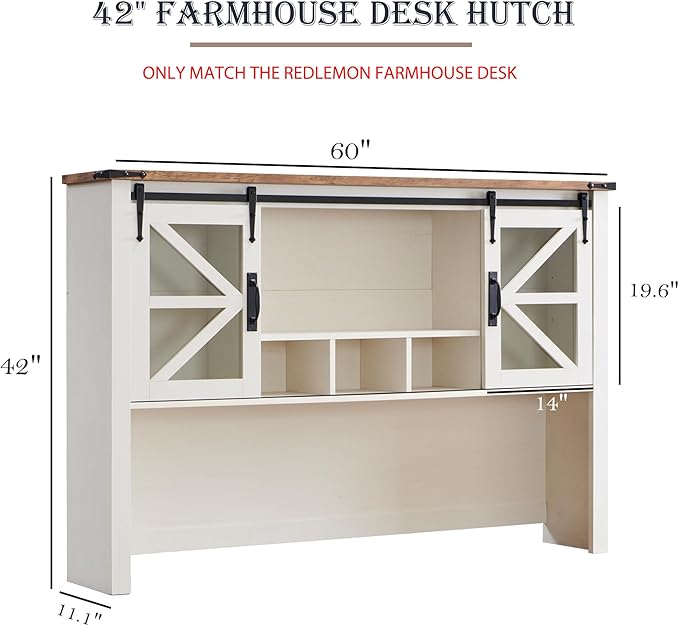 RedLemon 42 Farmhouse Desk Hutch with Sliding Barn Door and Ample Storage/Display Space Only Match Farmhouse Desk (Antique White)