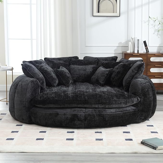 81.1 Oversized Round Chaise Lounge Chair Extra-Wide 2-Person Accent Chair with 14 Pillows Comfy Cloud Sleeper Sofa for Living Room (Black)