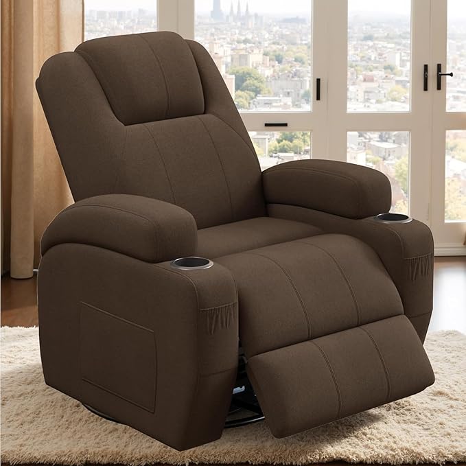 Flamaker Swivel Rocker Recliner Chair with Vibration Massage 360° Swivel Recliner Chairs for Adults Ergonomic Lounge Chair with Cup Holders Lazy Boy Recliner Single Sofa Seat (Fabric Brown)
