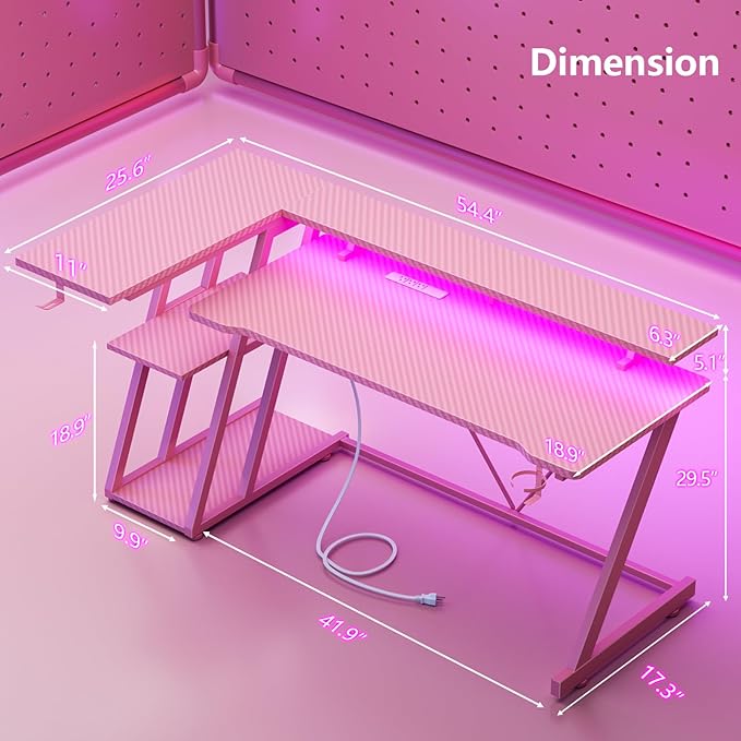 55 Inch Pink Gaming Desk with Power Outlet &amp LED Lights Corner Computer Desk with 3 Tiers Storage Shelves L Shaped Gaming Desk with Monitor Stand for Bedroom