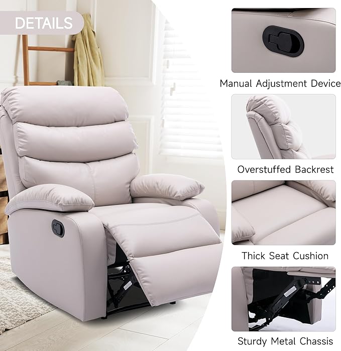 Manual Leather Recliner Chair Small Recliner Chair with Tech- Leather Lazy Boy Recliner Chair for Bedroom Livingroom RV Beige