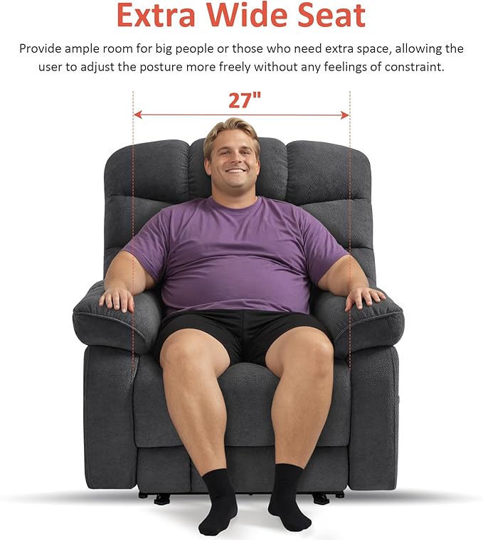 MCombo 27'' Oversized Recliner Power Recliner Chair for Big and Tall Zero Gravity Recliner with USB Charge Ports Side Pockets for Living Room Fabric PR677 (Dark Grey)