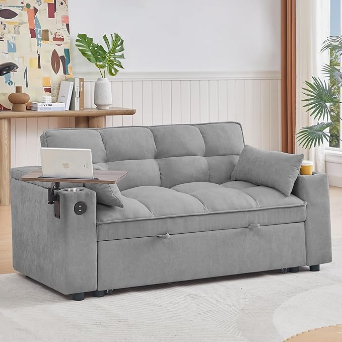 65'' Convertible Sleeper Sofa Bed with Adjustable Backrest Chaise Lounge Side Table &amp USB/Type-C Ports – Stylish &amp Functional Addition to Any Living Room (Light Grey)